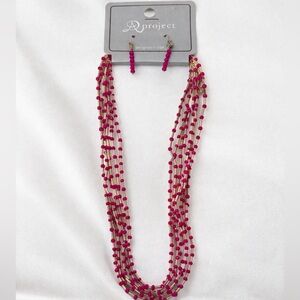 A Project Pink Multi Strand Beaded Necklace Set Gold Tone  Earrings Boho Chic